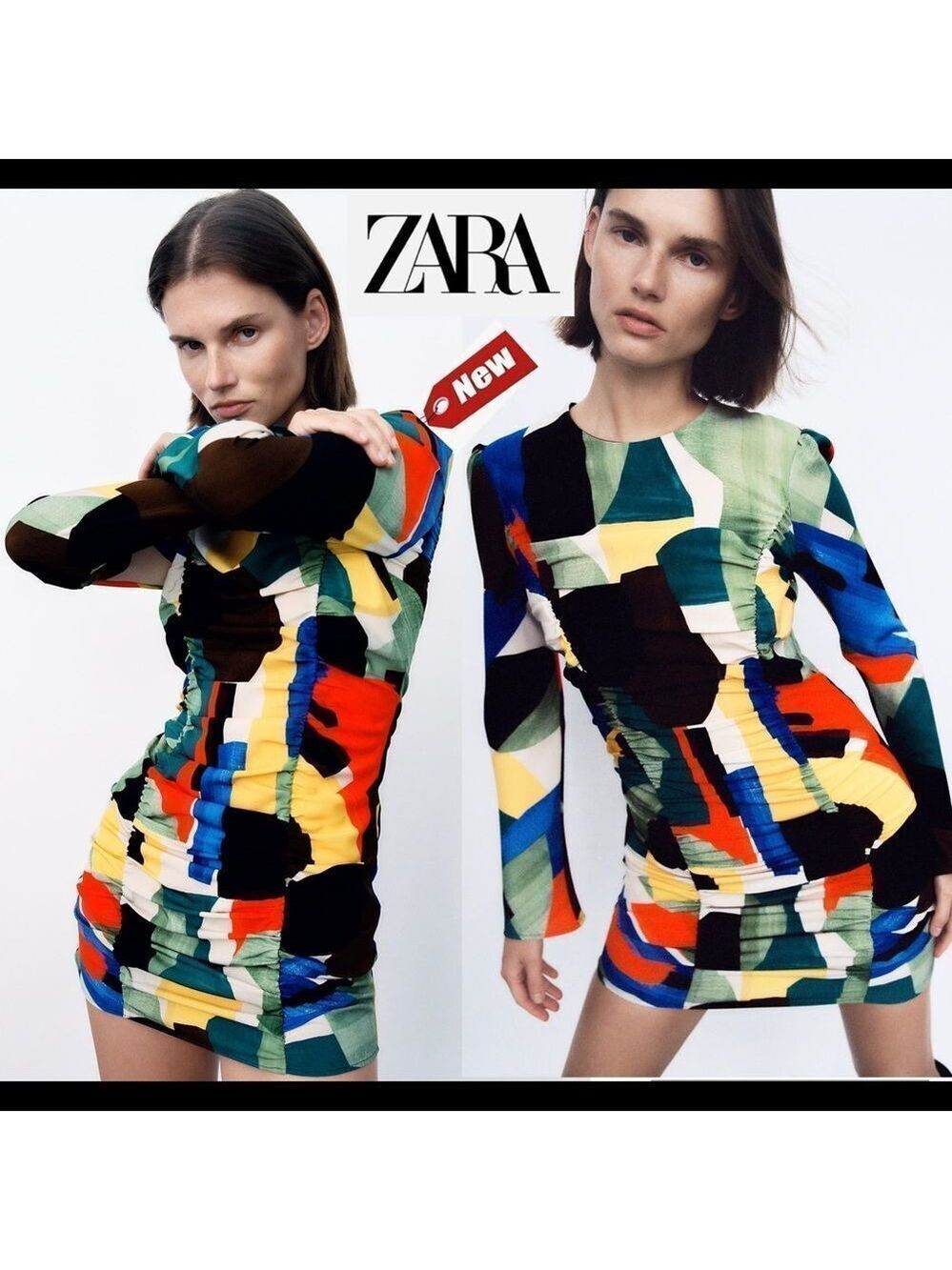 Zara multicoloured printed dress with draping long sleeve ruched Sz S NWT
